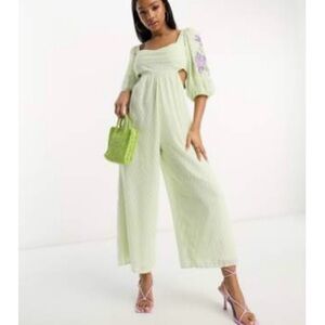 Smock Culotte Light Green Jumpsuit with EmbroideryFloral Detail